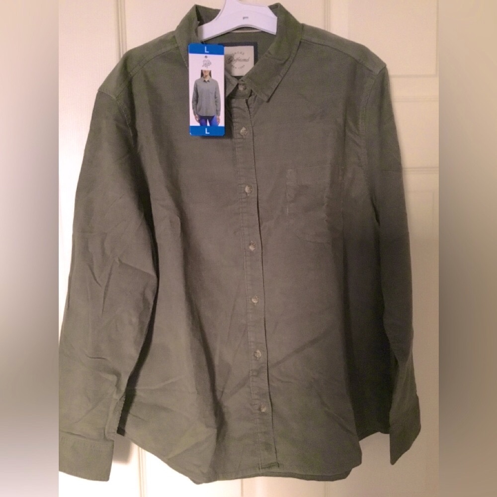 Green Stretch Corduroy Cotton Jachs Girlfriend Long Sleeve Button Up Shirt